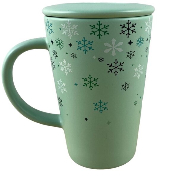 Davids Tea Mint Green Snowflake Moitif Winter Decor Tall Mug Cup Lid US 12 Oz - Picture 9 of 10